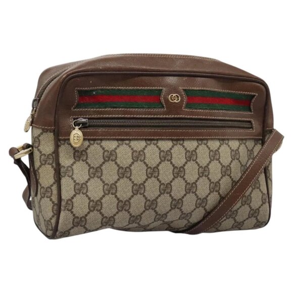 GUCCI GG Supreme Web Sherry Line Shoulder Bag PVC Beige Gold Auth 113303